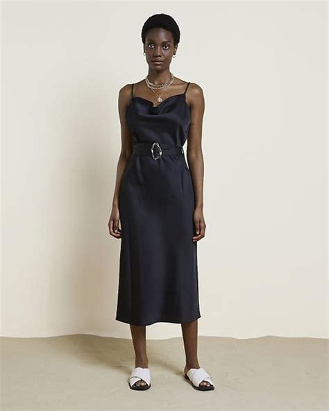 River Island Black Satin Belted Slip Midi Dress In Blue Lyst