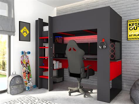 Lit Mezzanine Gamer Avec Bureau Et Rangements 90 X 200 Cm Avec LEDs