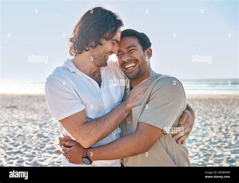 Love Hug And Gay Men On Beach Smile And Laugh On Summer Vacation Together In Thailand