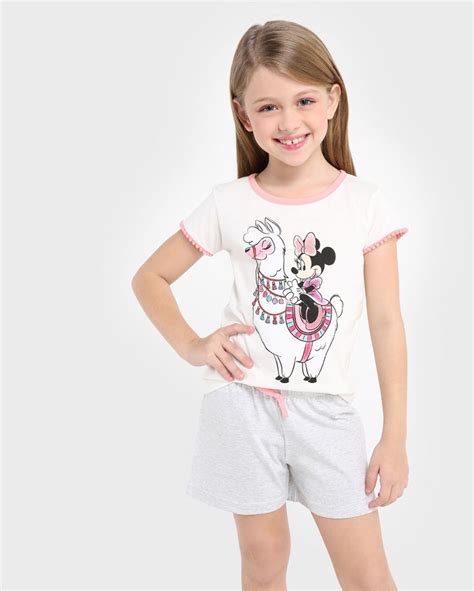 Pijama Infantil Curto Malha Minnie Mouse Disney Branco Pijama