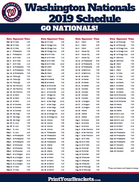 Nationals Printable Schedule