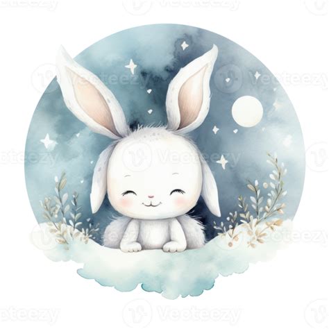 Cute Watercolor Baby Good Night Bunny On Moon Illustration Ai