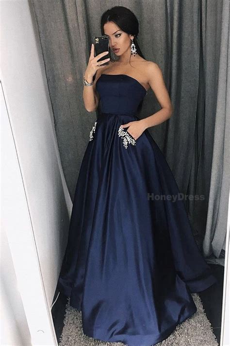 Long Navy Blue Prom Dress With Pockets Rhinestone Strapless A Line