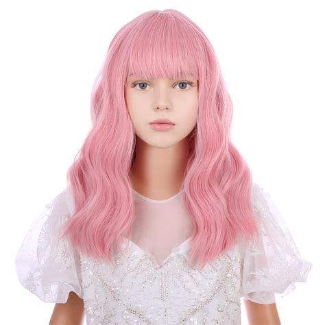 Wavelnm Kids Pink Wig With Bangs Pastel Pink Child Wig