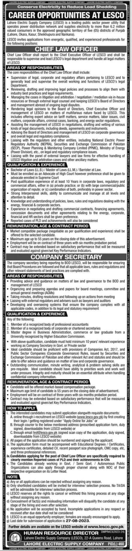 LESCO Lahore Jobs 2023 2024 Job Advertisement Pakistan