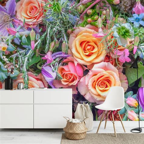 Roses and mixed flowers wallpaper - Happywall