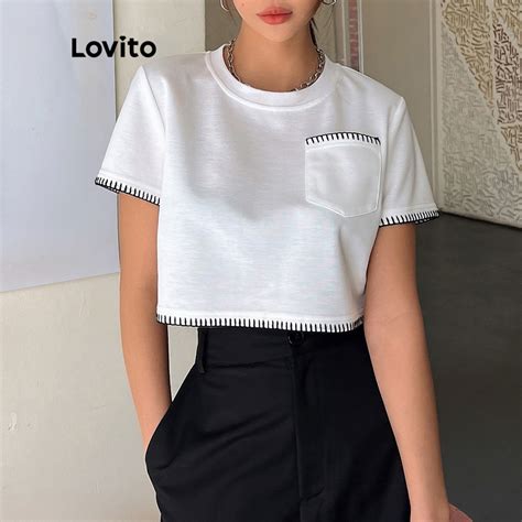 Lovito Casual Camiseta Feminina Lisa B Sica Costura Contrastante E