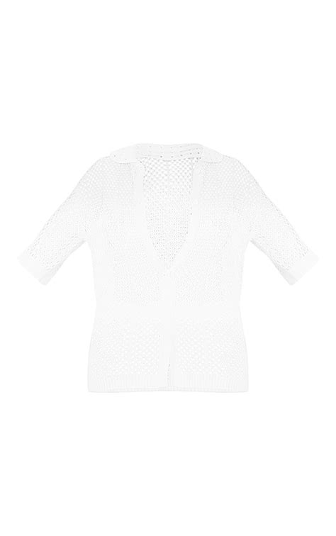 White Crochet Short Sleeve Shirt Knitwear Prettylittlething