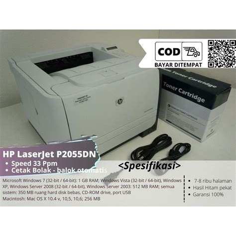 Printer HP LaserJet 2055dn Cetak Dua Sisi Otomatis Kapasitas