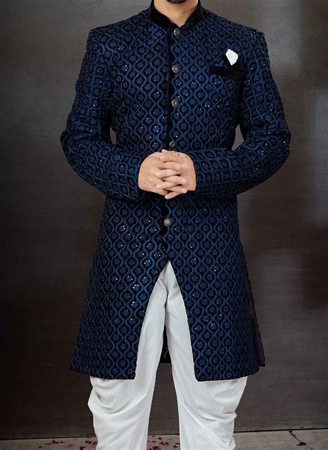 Buy Blue Art Silk Embroidery Indowestern Sherwani Party Wear Online At