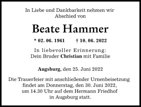 Traueranzeigen Von Beate Hammer Augsburger Allgemeine Zeitung