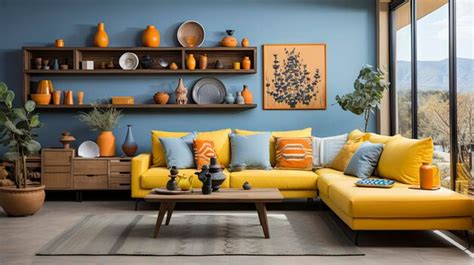 Premium AI Image | a living room with a yellow sofa and orange pillows.