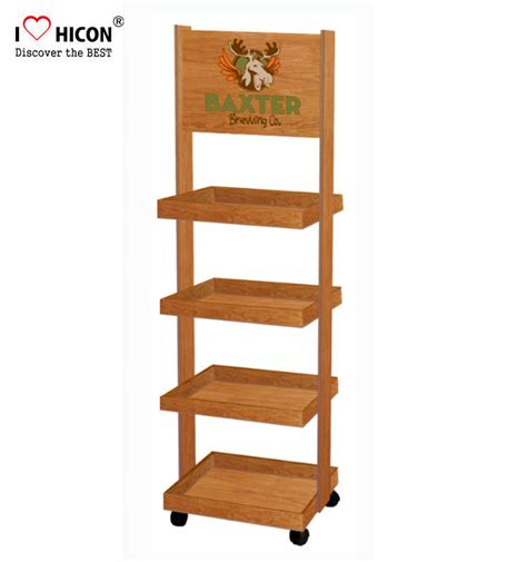 In Store Marketing Wooden Display Racks On Wheels Custom Display Rack For Beer