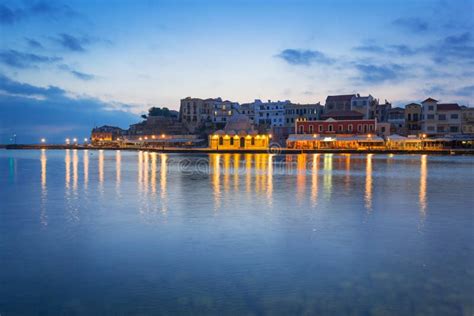 Architecture of Chania at Night with Old Venetian Port on Crete Stock ...