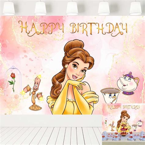 Amazon.com : Princess Belle Birthday Backdrop Decorations Glitter Rose Gold Photo Background ...