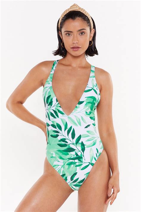 Leaf Print Tie Back High Leg Swimsuit Nasty Gal