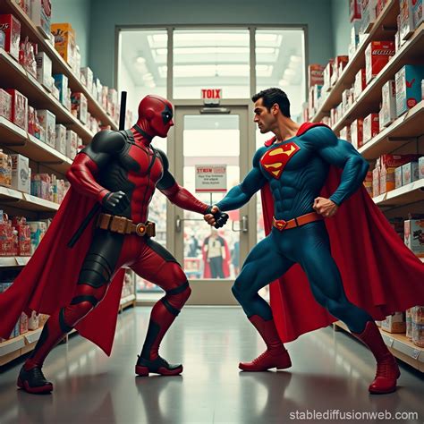 Deadpool and Superman Fight in a Supershop | Stable Diffusion Online