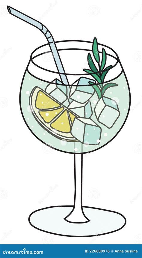 Stylish Hand Drawn Doodle Cartoon Style Gin Tonic In Balloon Cocktail Glass Garnished With Lemon