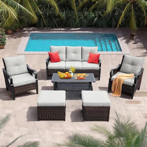 Zeus Ruta Brown 6 Piece Wicker Outdoor Sectional Set With Light Gray