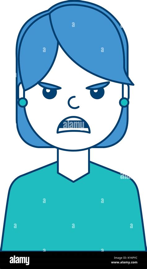 Portrait Woman Angry Facial Expression Cartoon Vector Illustration Blue