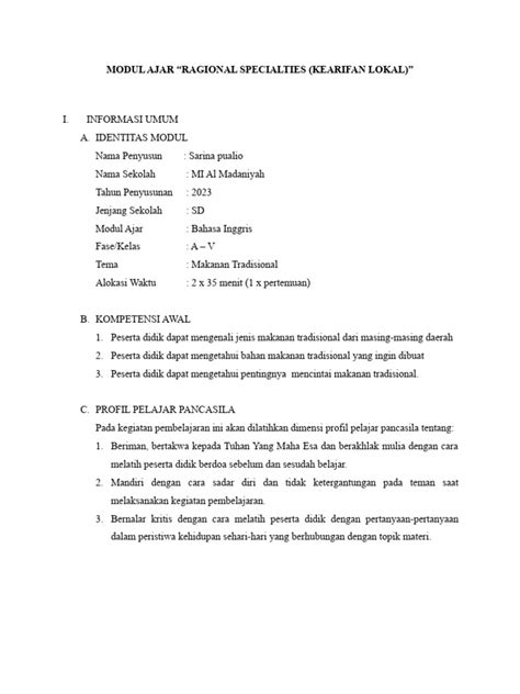 Modul Ajar Kearifan Lokal Makanan Tradisional Pdf