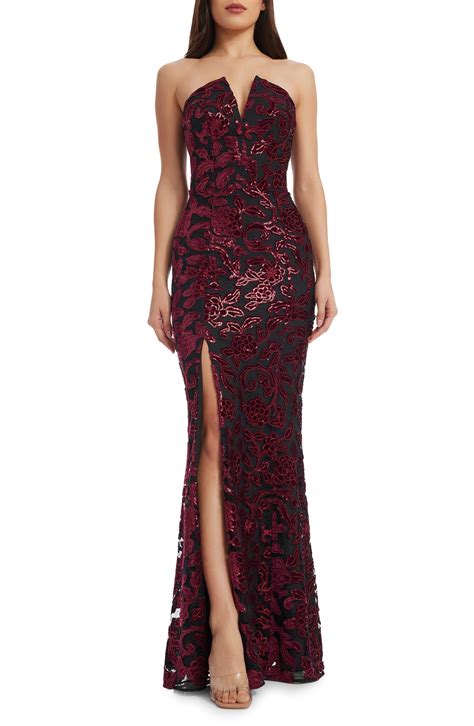 Dress The Population Fernanda Floral Sequin Strapless Evening Gown In Red Lyst