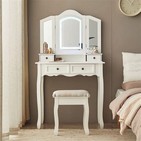 Buy Bonrcea Vanity Table Set With Tri Folding Lighted Mirror And Large