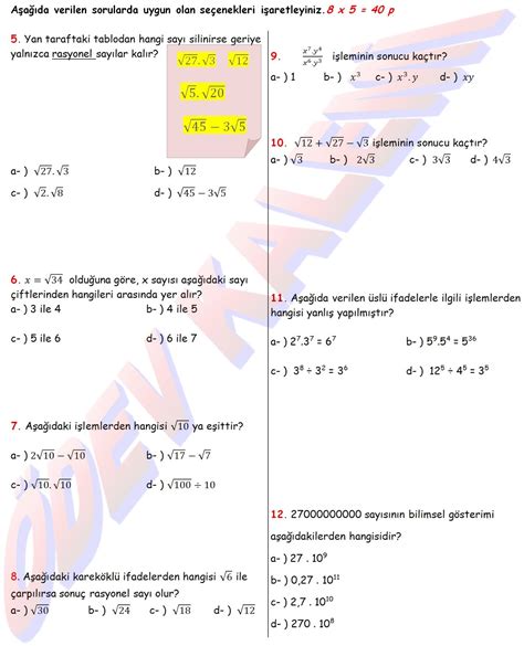 Sinif Matematik Dersi D Nem Yazili Sinav Sorulari Ve Cevaplari