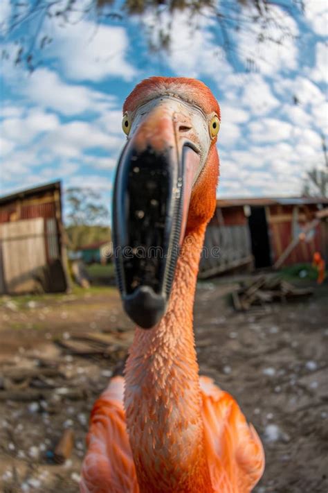 Quirky Close Up Of A Curious Flamingo Against A Rustic Barn Background