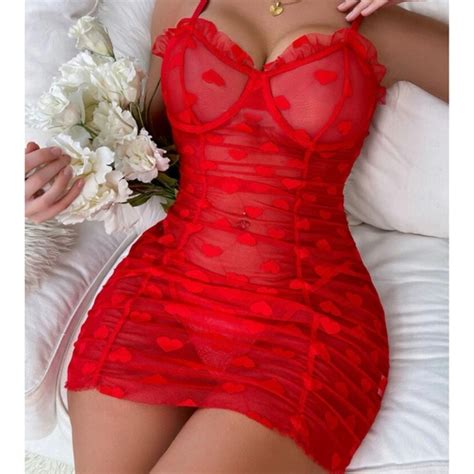 No Brand Intimates Sleepwear Sexy Red Hearts Frills Lace Mesh Valentines Day Lingerie