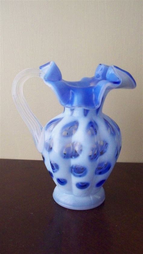 Fenton Art Glass ~ Blue Coin Dot Handled Pitcher Ruffled Crimped Top Signed Mint Antique