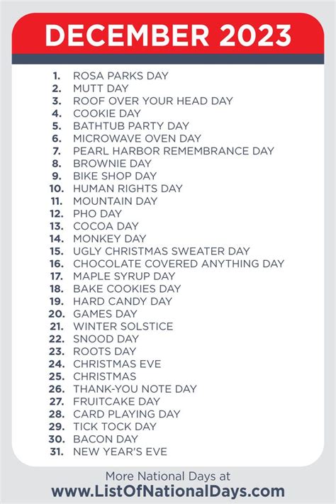 A Printable List Of National Days For December National Days