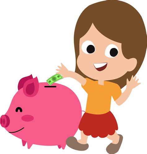 Illustration Of Little Girl Saving Dollar Bill In Piggy Bank Concept