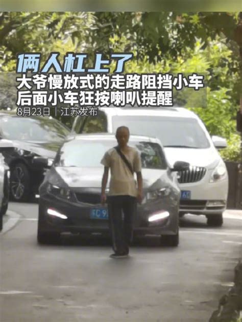 杠上了！大爷慢放式走路阻挡小车，后面小车狂按喇叭提醒 新浪新闻