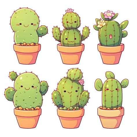 Un Conjunto De Cactus De Dibujos Animados En Ollas Con Diferentes