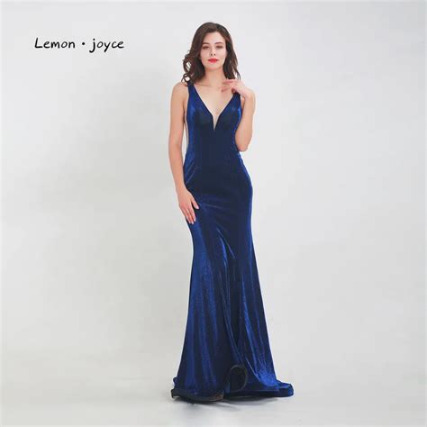 Lemon Joyce Navy Blue Evening Dresses Long 2020 Sexy V Neck Sleeveless