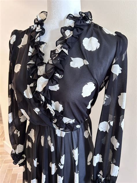 Vintage Lady Carol Of New York Black White Roses Ruffle V Neck Sheer