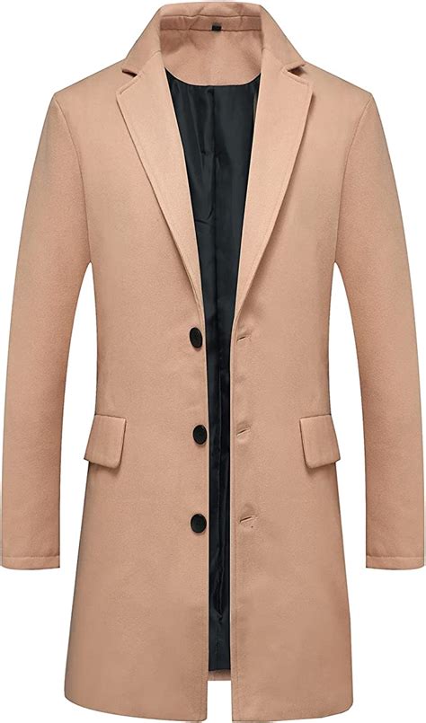 Mens Classic Wool Trench Overcoat Single Breasted Mid Long Wool Blend