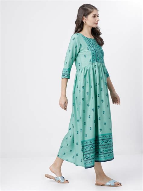 Buy Vishudh Sea Green Printed Flared A Line Dress For Women Online At