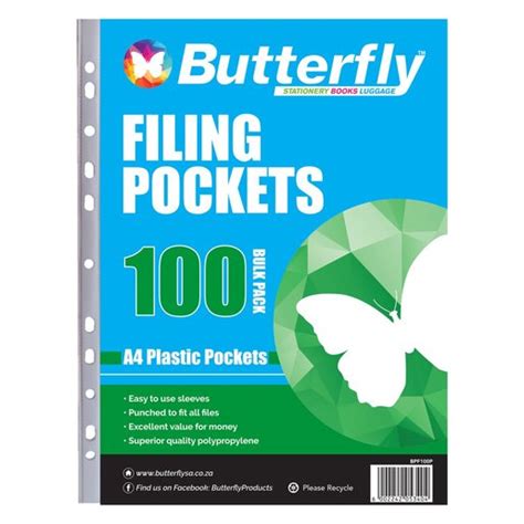 Butterfly A4 Plastic Sleeves Filing Pockets 100 Pockets Pnp