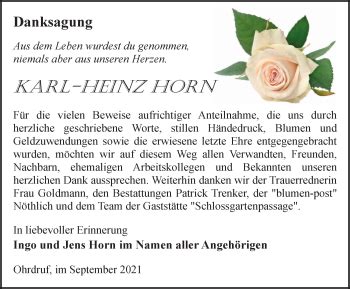 Traueranzeigen Von Karl Heinz Horn Trauer In Thueringen De