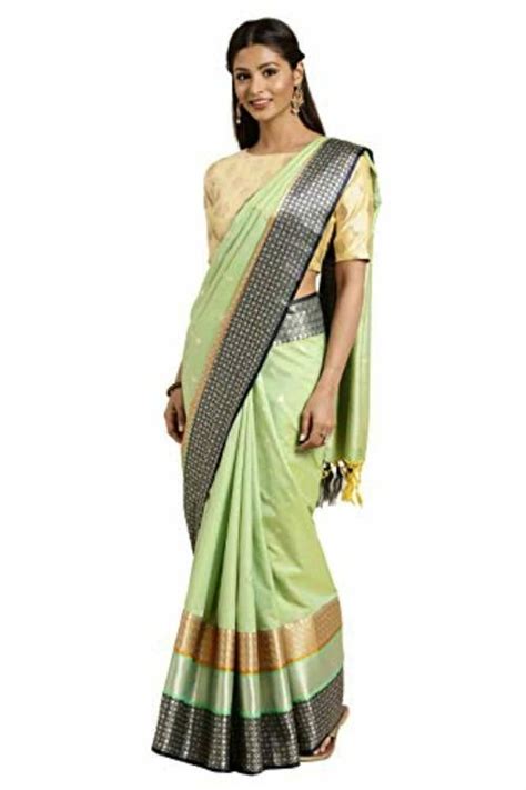 Buy Varkala Silk Sarees Women Pastel Green And Navy Blue Embellished Silk Banarasi Kanchipuram