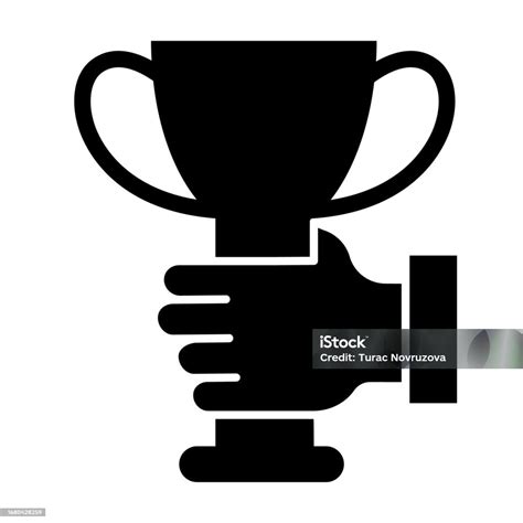 Hand Holding Trophy Cup Solid Icon Sports Concept Golden Goblet Sign On