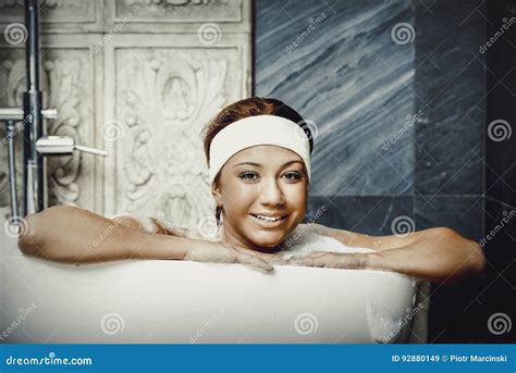 Bathing Woman Relaxing In Bath Stock Image Image Of Happy Bodycare