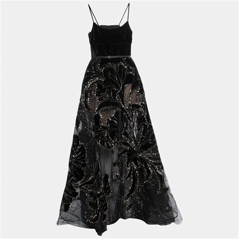 Elie Saab Black Sequin Embellished Velvet And Tulle Strap Gown S Elie