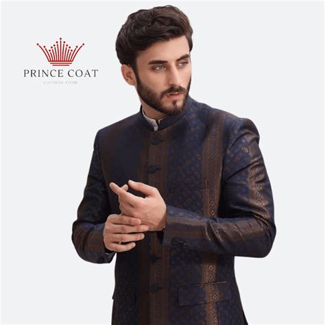 Blue Atlas Jamawar Fabric Pakistani Prince Coat For Men Prince Coat