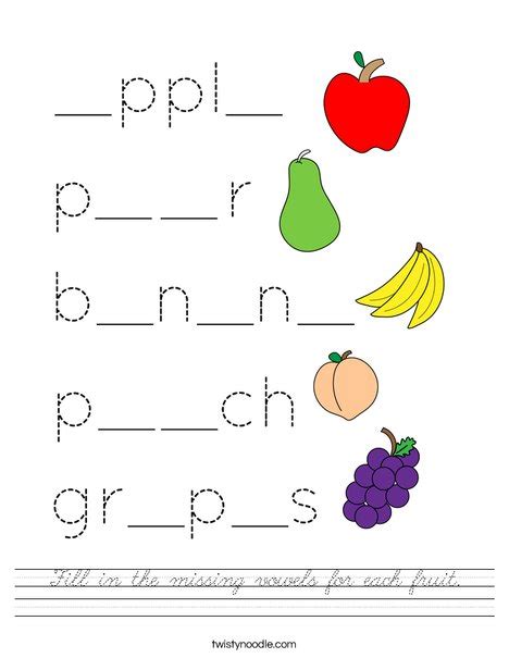 Fill In The Missing Vowels For Each Fruit Worksheet Cursive Twisty Noodle