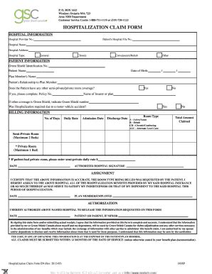 Fillable Online Greenshield HOSPITALIZATION CLAIM FORM Green Shield