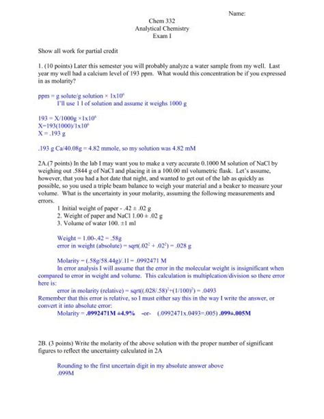 Name Chem 332 Analytical Chemistry Exam I Show All Work For