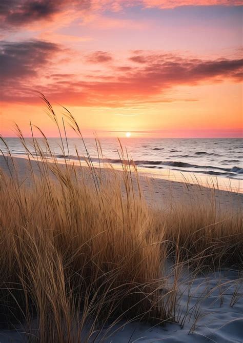 Serene Spring Sunrise A Grassy Dune Beachscape With Flowing Rhy Stock